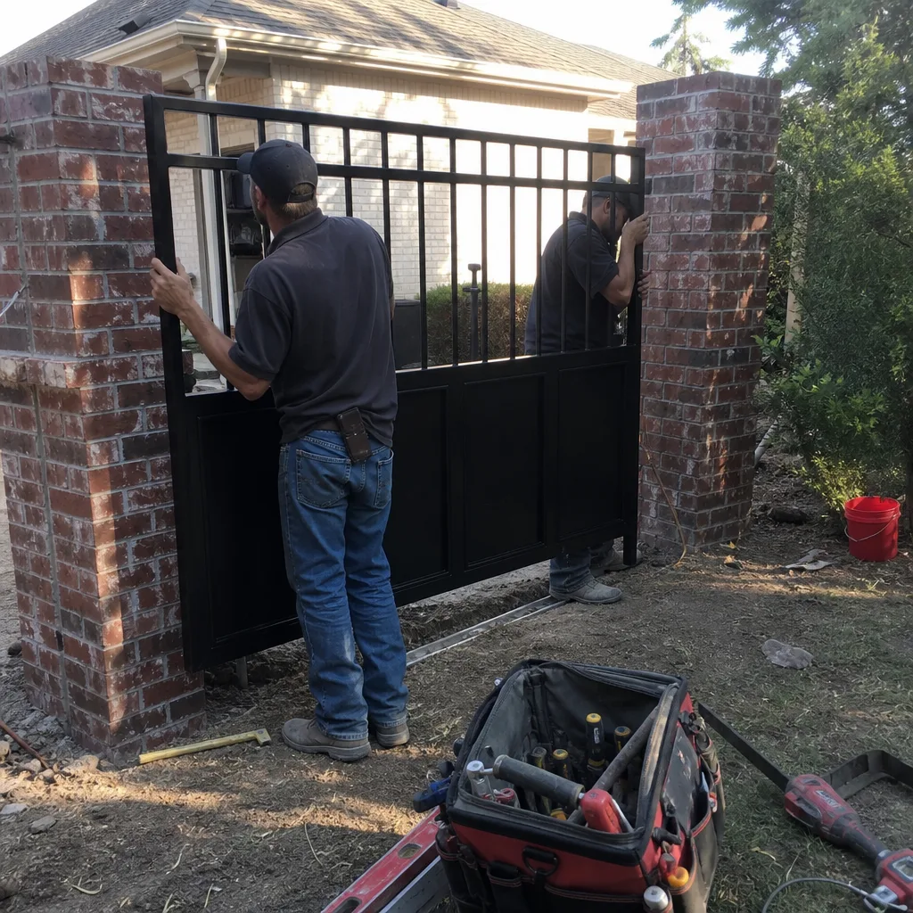 Two professional contractors installing a custom black metal driveway gate