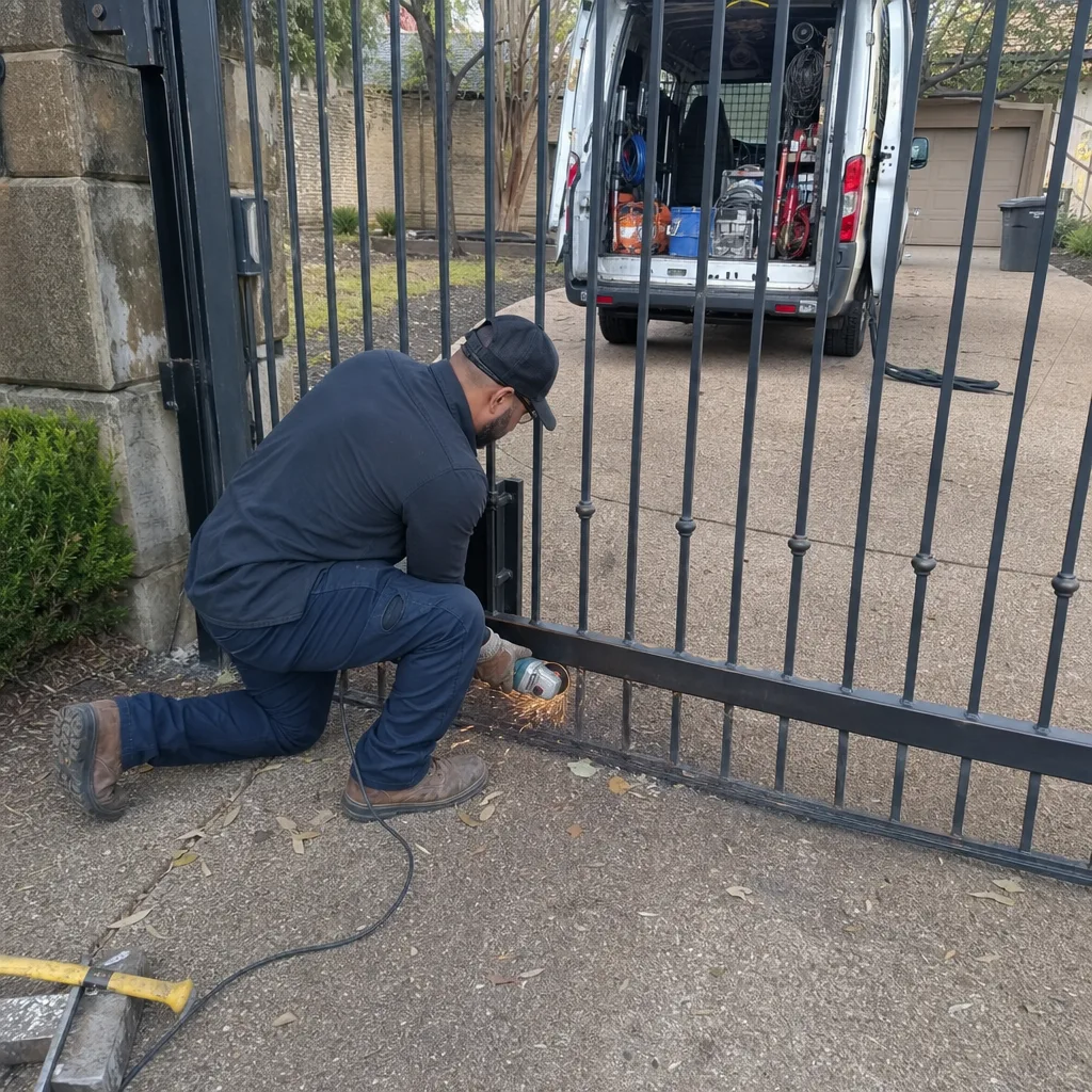 Professional technician using an angle grinder for metal gate repair services.