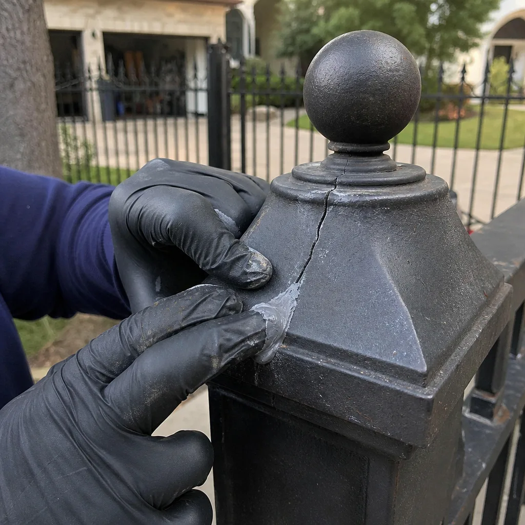 Professional applying epoxy to repair a cracked metal gate post finial