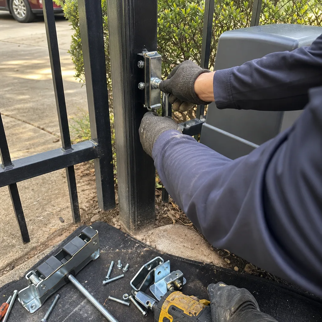 Technician performing professional gate repair and latch installation